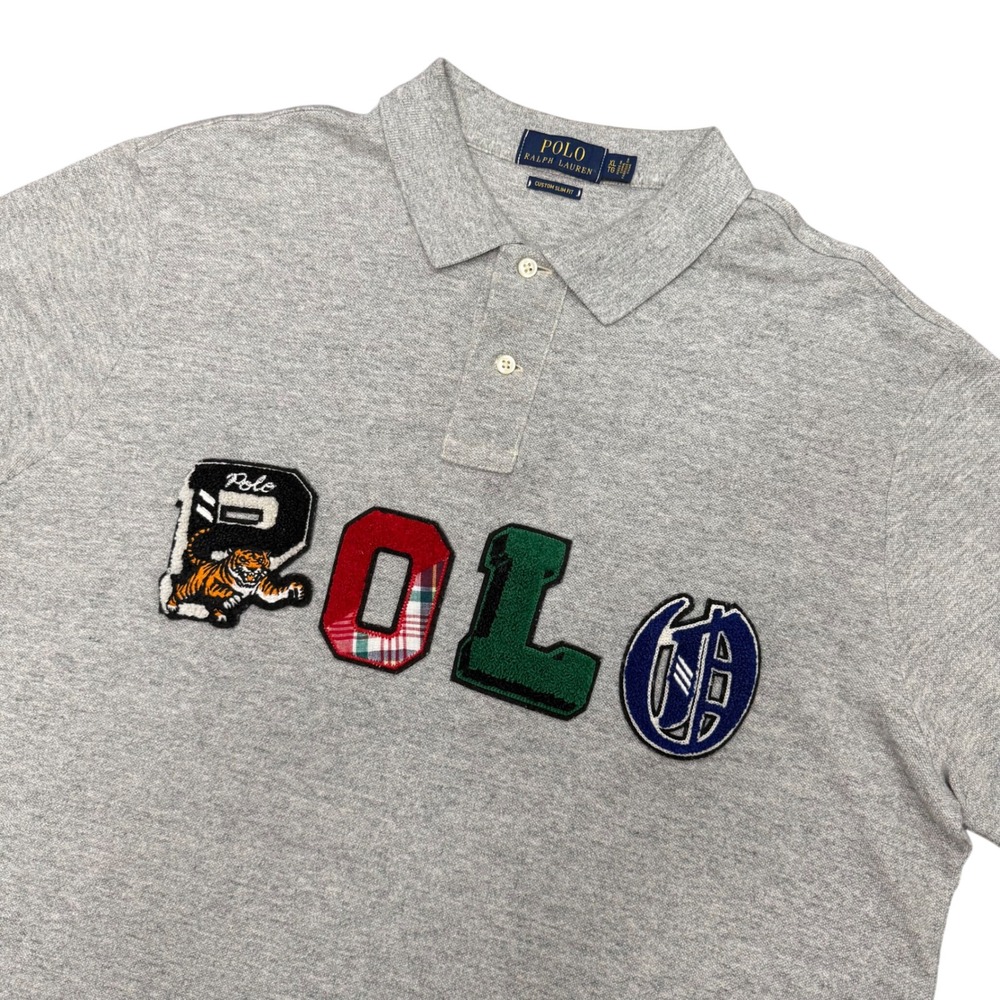 Polo Ralph Lauren Polo Shirt Mens XL Gray Custom Slim Fit Varsity Patch Applique